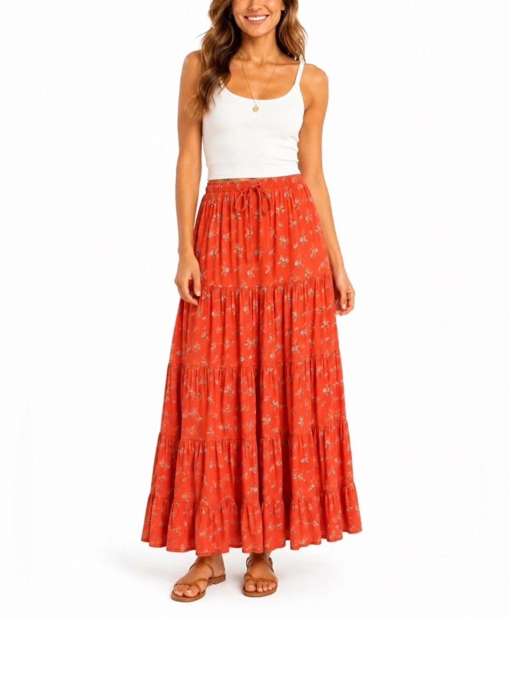 Free People Rust Floral Tiered Maxi Skirt